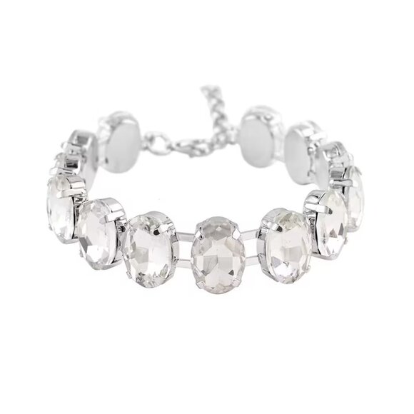 White Glass Tennis Bracelet in Silvertone (7.5-9.5In) - Picture 1 of 4